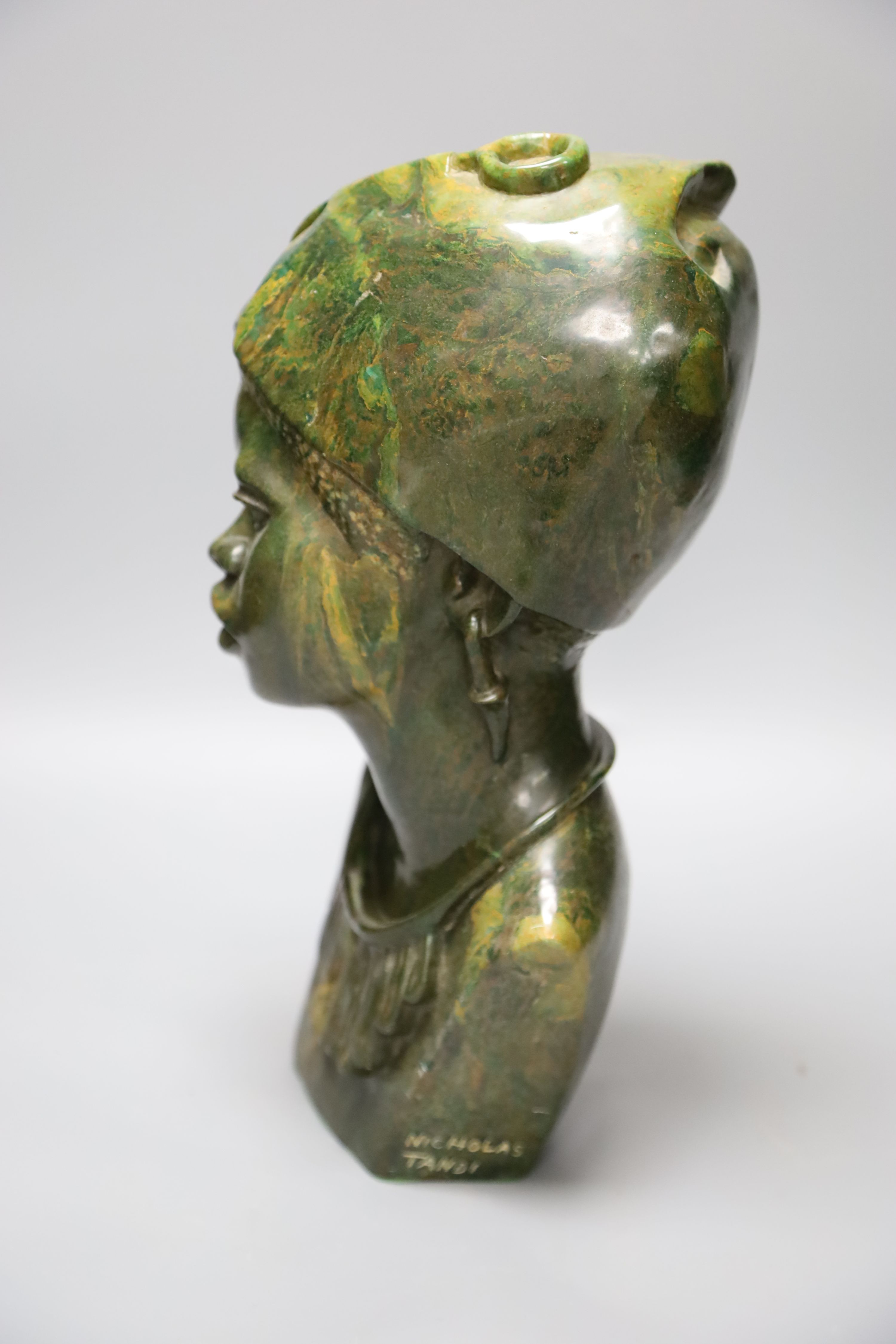 A Shona tribe verdite bust, signed Nicholas Tandi, height 36cm